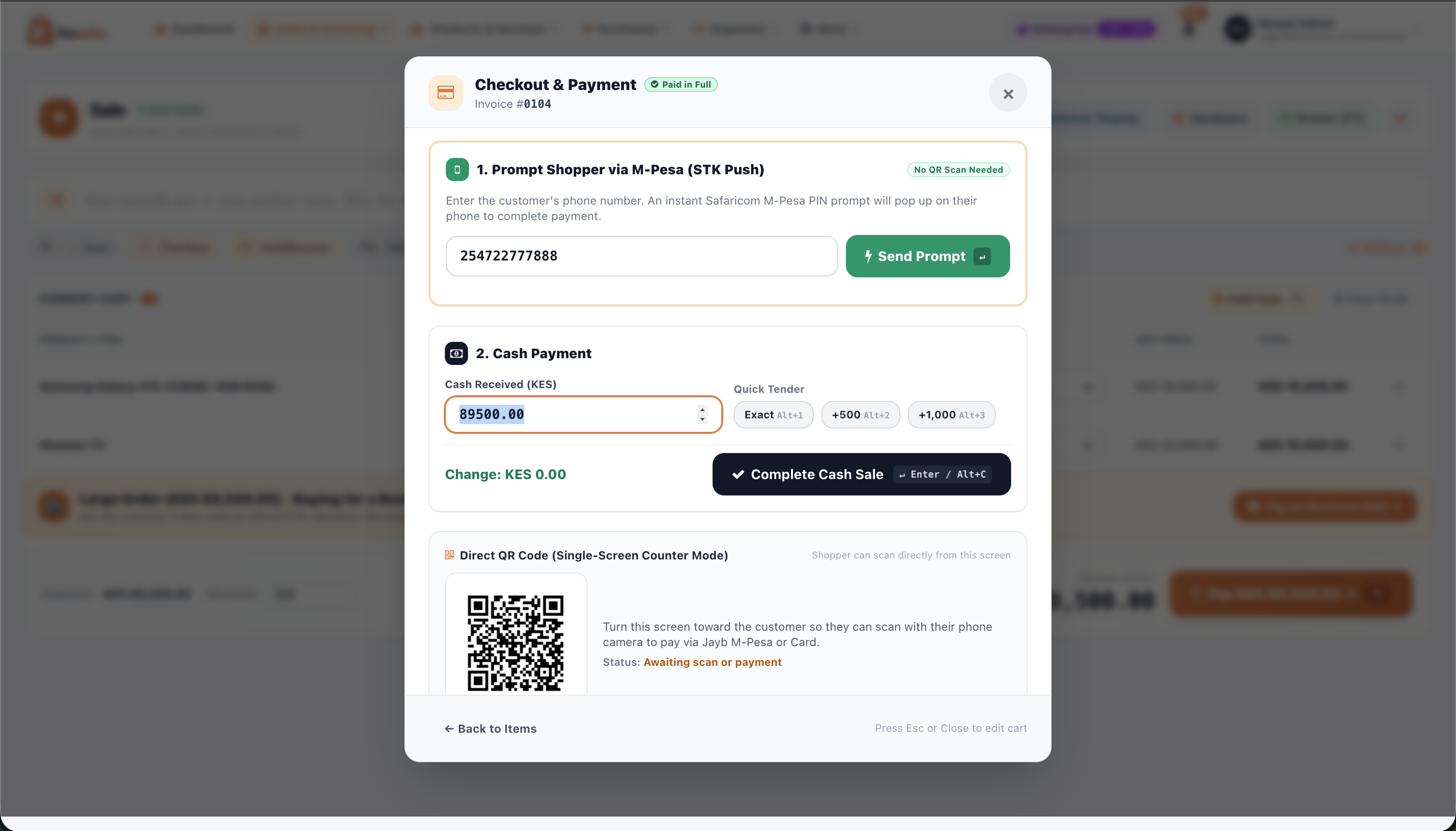 Kasoko Payment Screen showing M-Pesa prompt, Cash Payment with quick change buttons, and QR Code